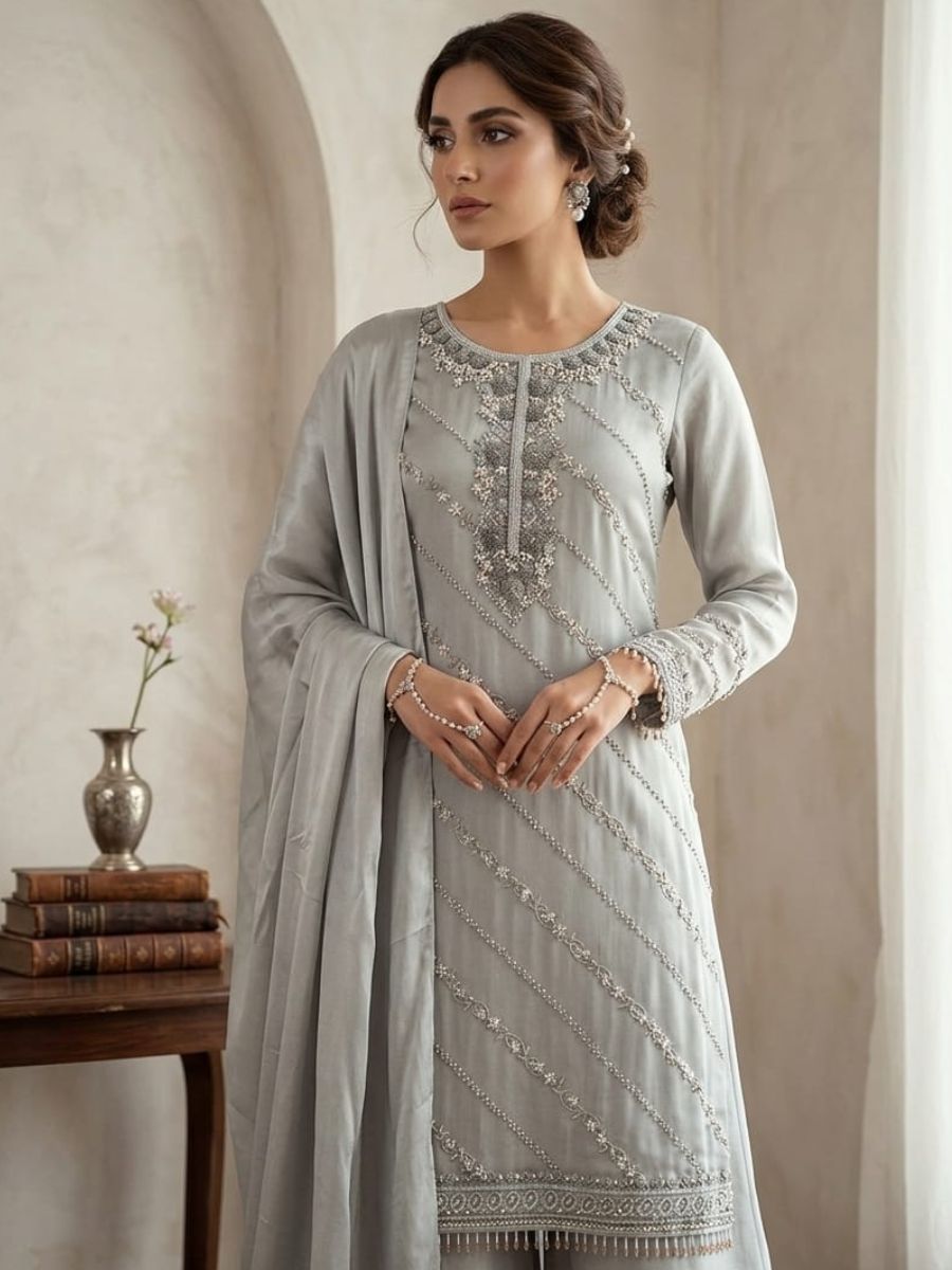 Grey Embroidered Kurta Set