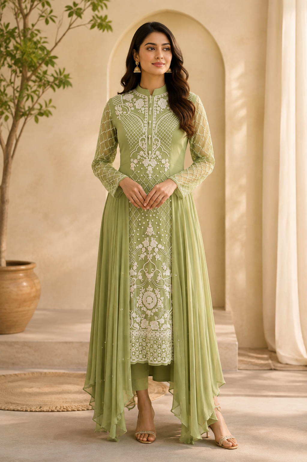 Sage Green Embroidered Anarkali Set