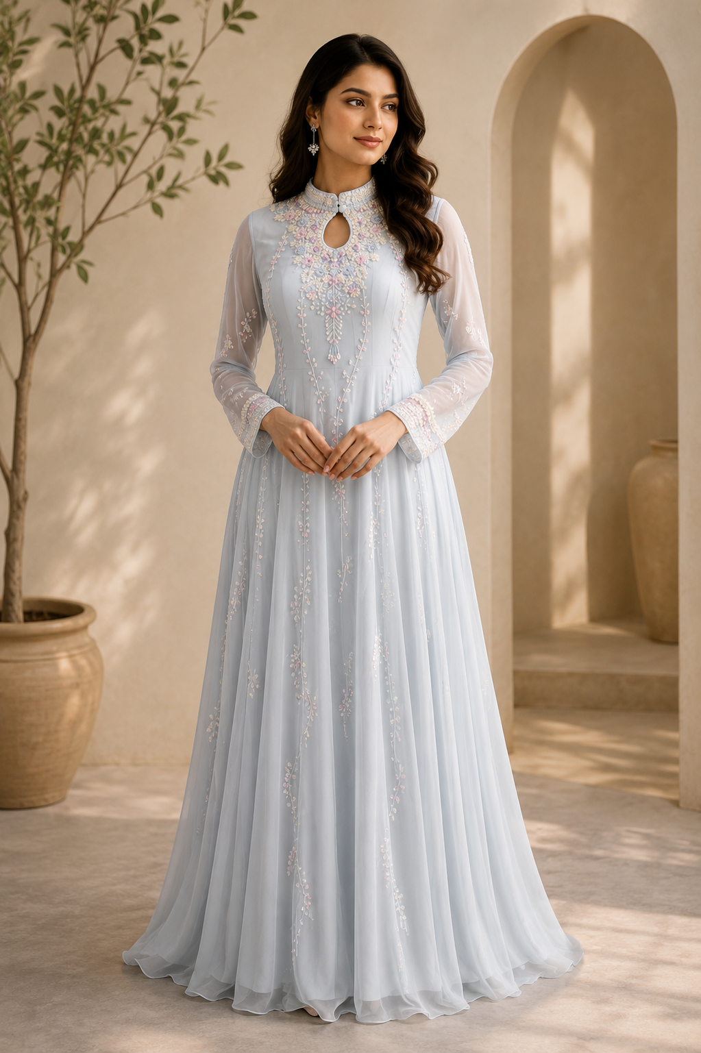 Ice Blue Embroidered Anarkali Gown