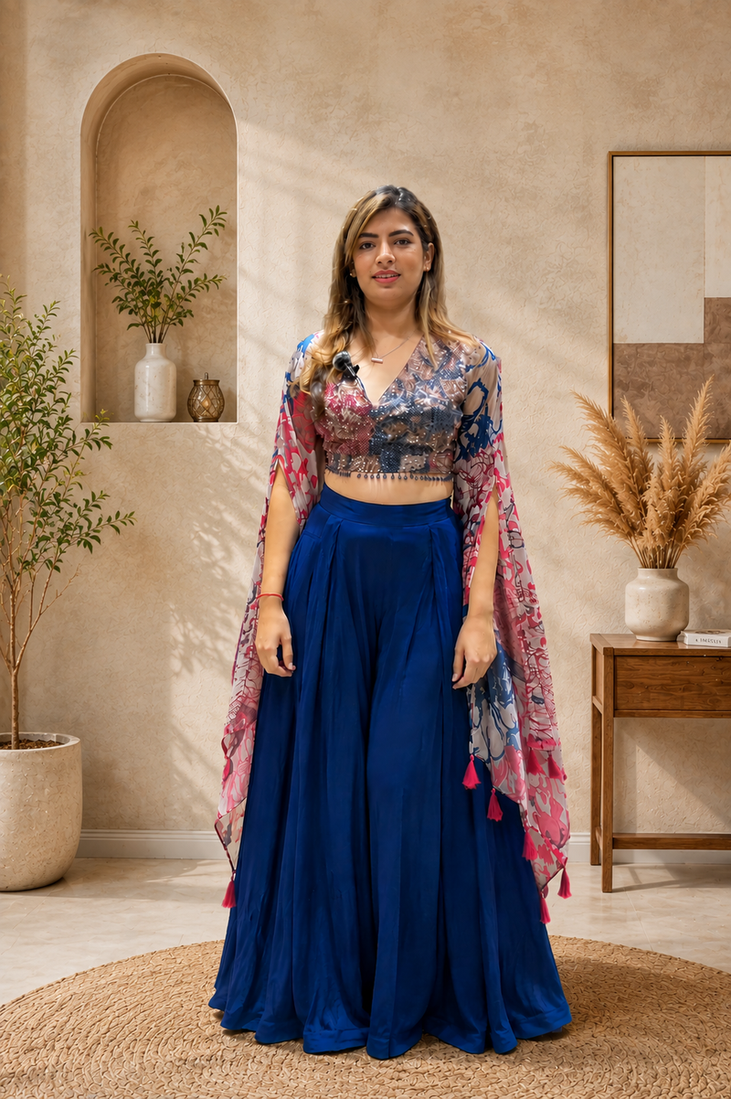 Royal Blue Sequined Crop Top & Flowy Skirt Set