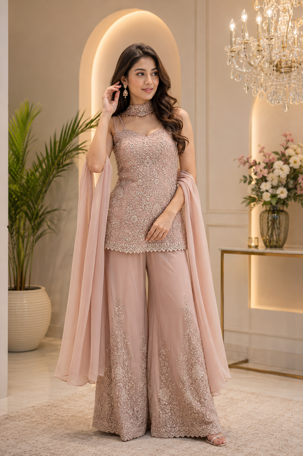 Blush Pink Embroidered Palazzo Set