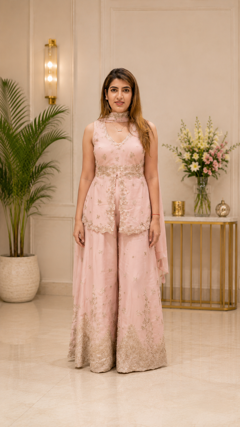 Blush Pink Embroidered Halter Neck Crop Top With Wide Leg Palazzo Pants Set