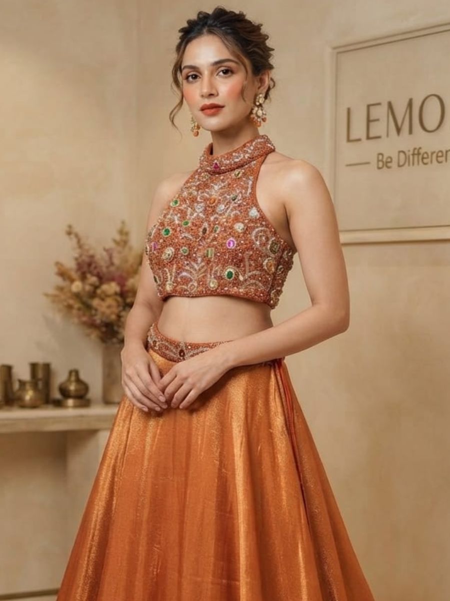 Copper Halter Lehenga Set