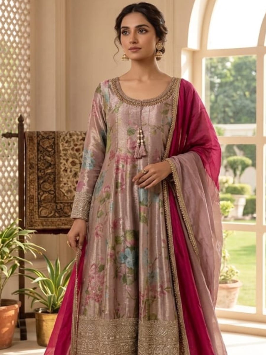 Mauve Floral Printed Kurta Set