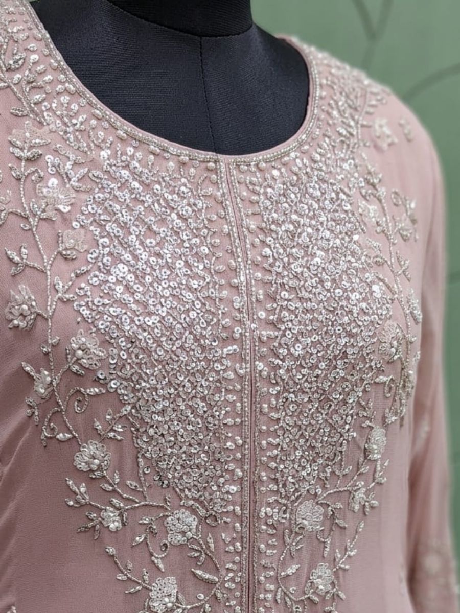 Hand-Embroidered Georgette Anarkali with Attached Cape & Sharara