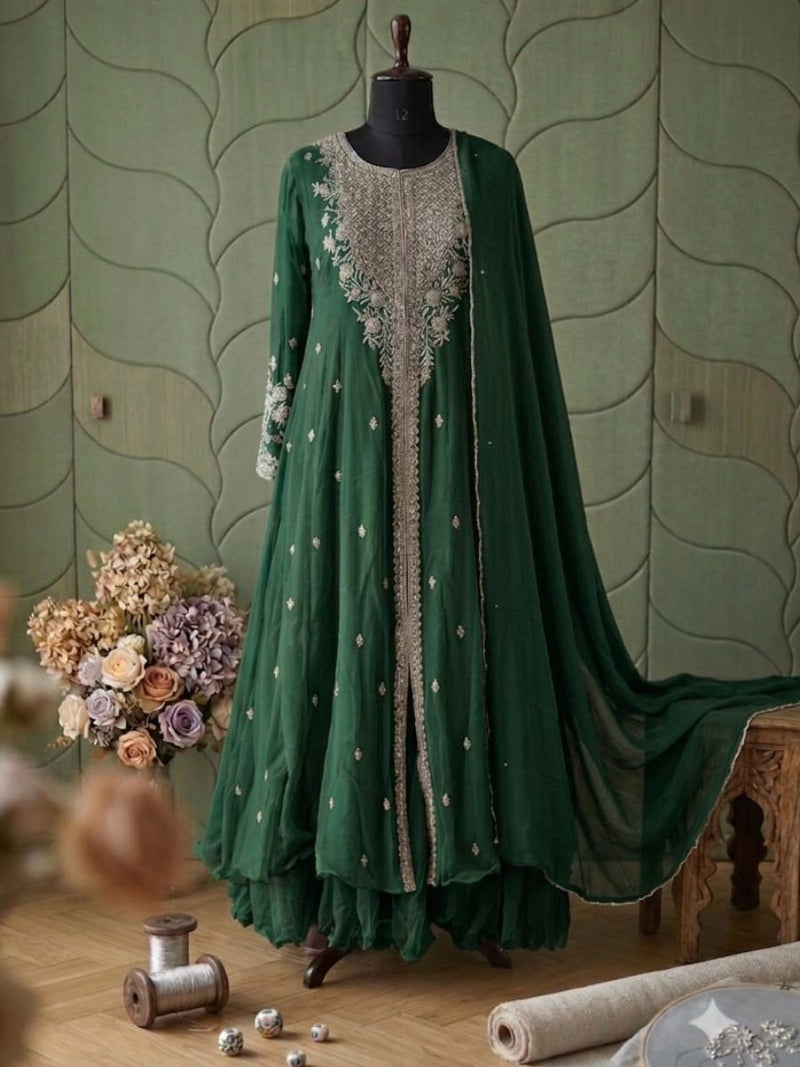 Hand-Embroidered Georgette Anarkali with Attached Cape & Sharara