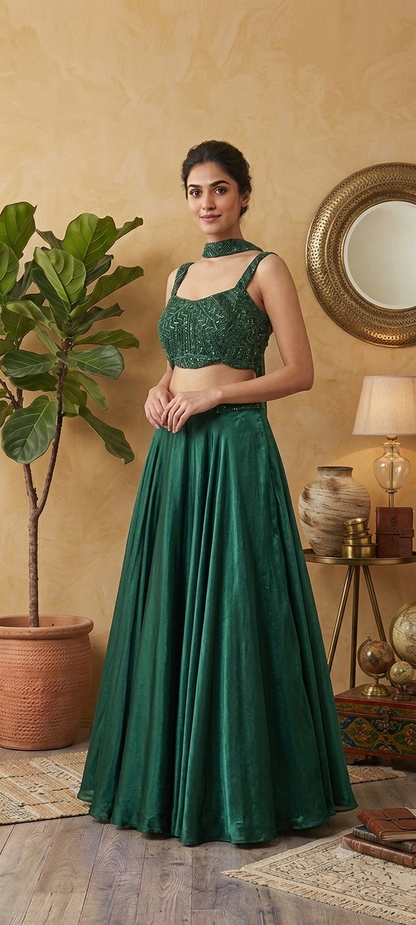 Emerald Green Sequin Lehenga Set
