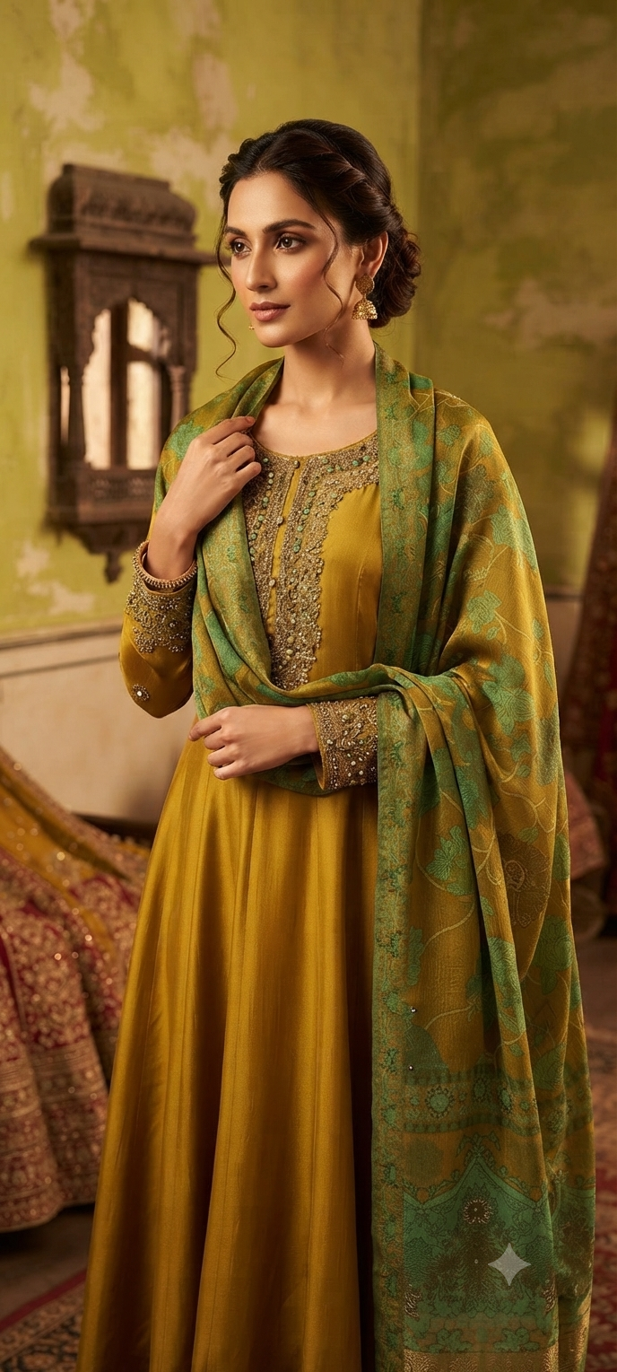 Embroidered Gown with Contrast Printed Dupatta