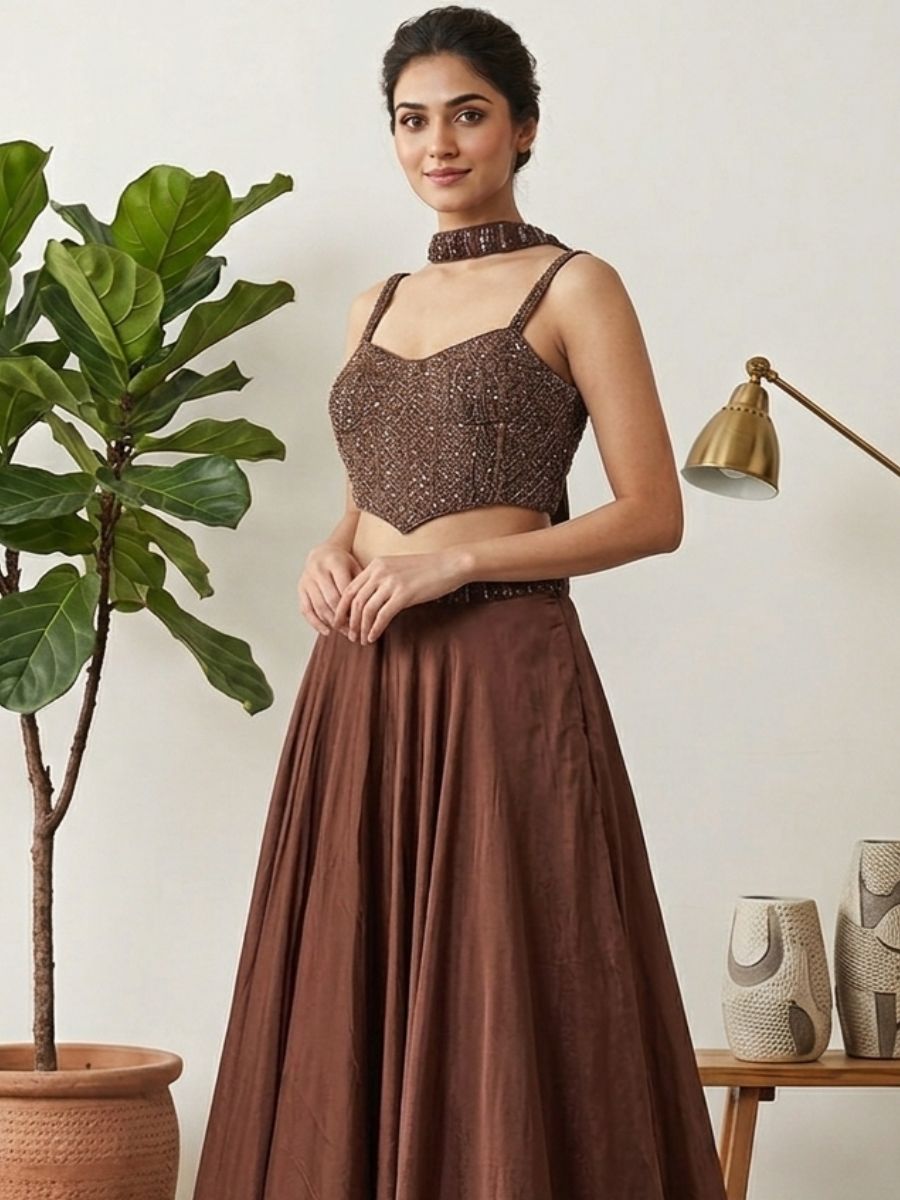 Brown Embellished Lehenga Set
