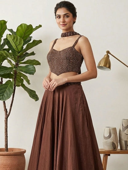 Brown Embellished Lehenga Set