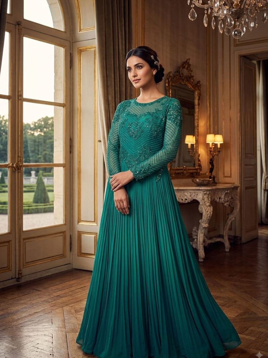 Teal Pleated Embellished Gown