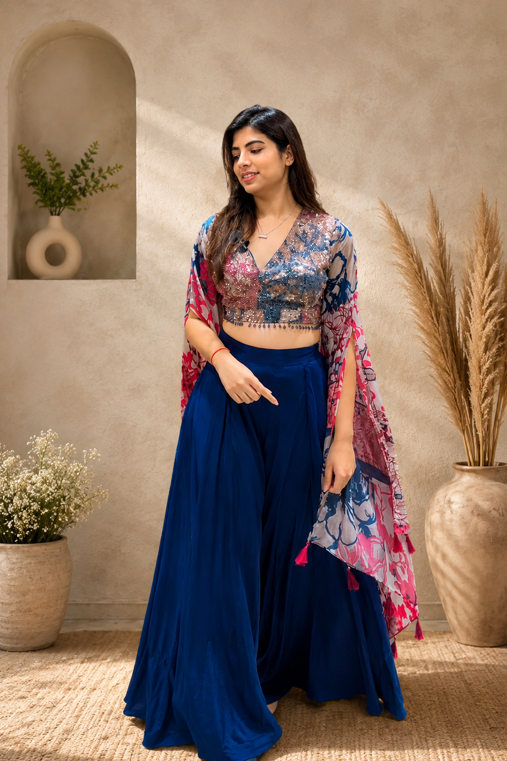 Royal Blue Sequined Crop Top & Flowy Skirt Set