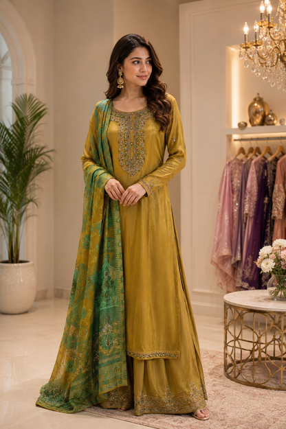 Mustard Yellow Embroidered Kurta With Palazzo Pants And Printed Dupatta Set