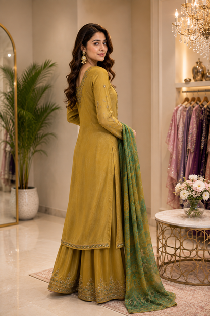 Mustard Yellow Embroidered Kurta With Palazzo Pants And Printed Dupatta Set