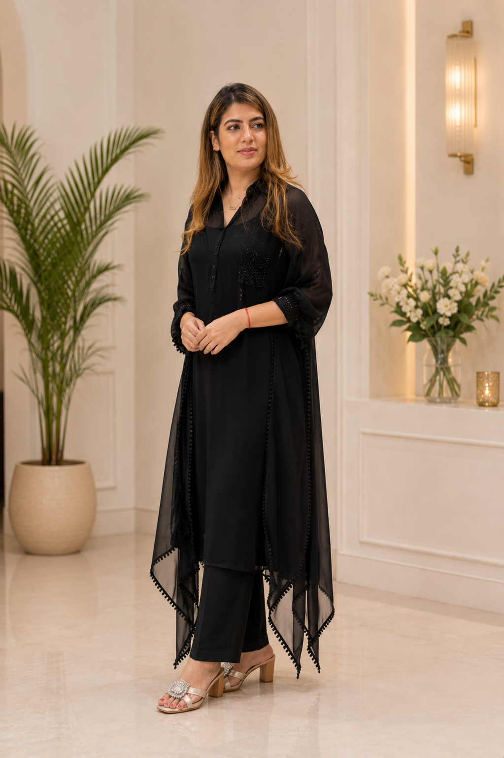 Black Chiffon Shirt Style Kaftan