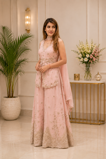 Blush Pink Embroidered Halter Neck Crop Top With Wide Leg Palazzo Pants Set