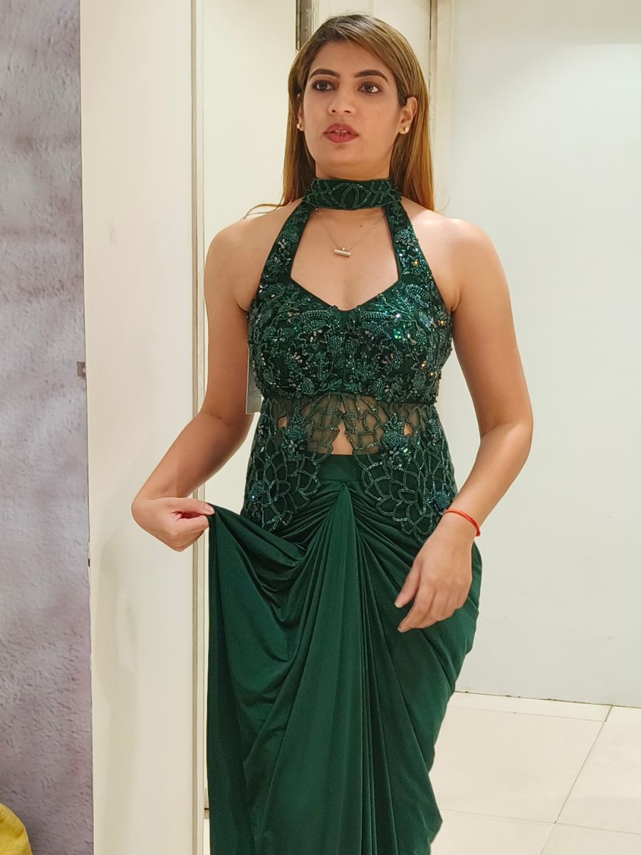 Emerald Green Embellished Halter Neck Draped Saree Gown