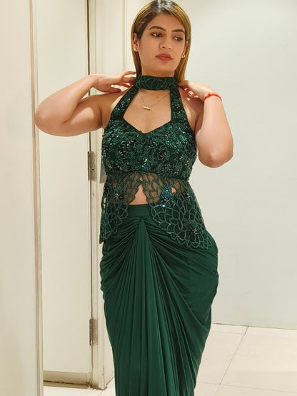 Emerald Green Embellished Halter Neck Draped Saree Gown