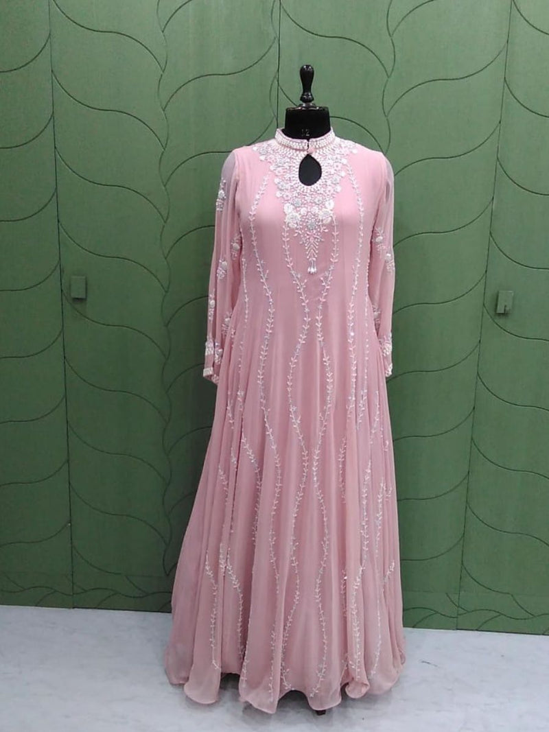 Pink Pearl Embroidered Panel Gown