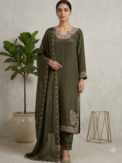 Mirror-Dotted Embroidered Straight Suit with Scalloped Dupatta