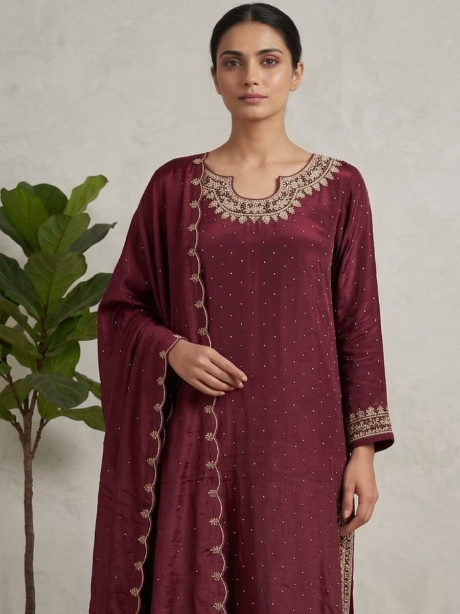 Mirror-Dotted Embroidered Straight Suit with Scalloped Dupatta