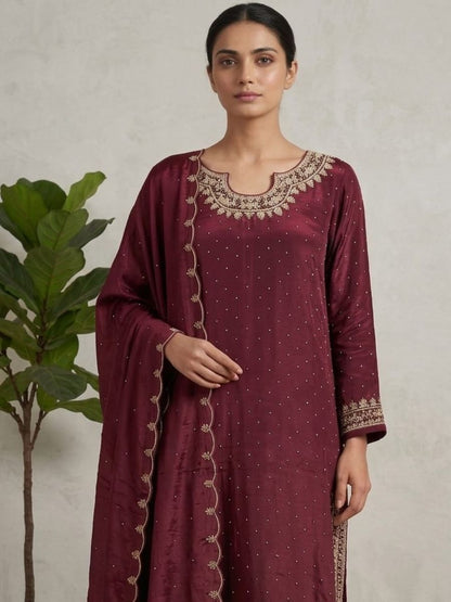 Mirror-Dotted Embroidered Straight Suit with Scalloped Dupatta