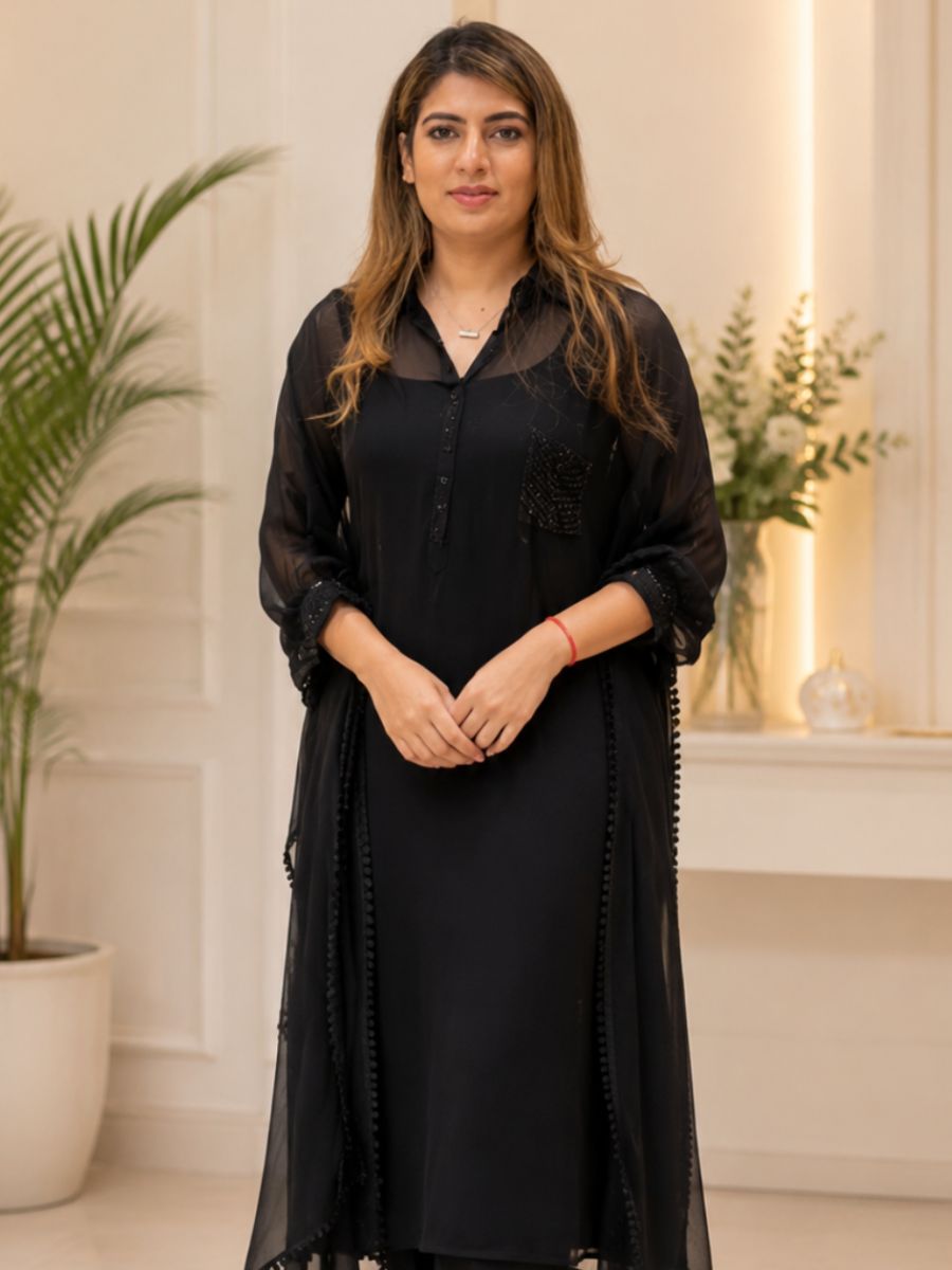 Black Chiffon Shirt Style Kaftan