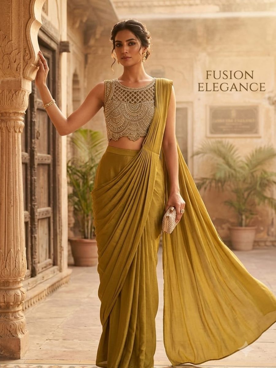 Olive Gold Draped Saree Set