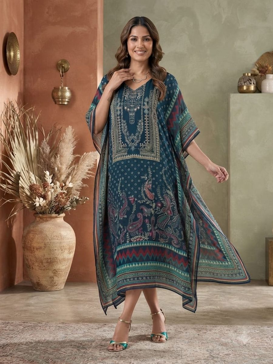 Teal Paisley Printed Kaftan