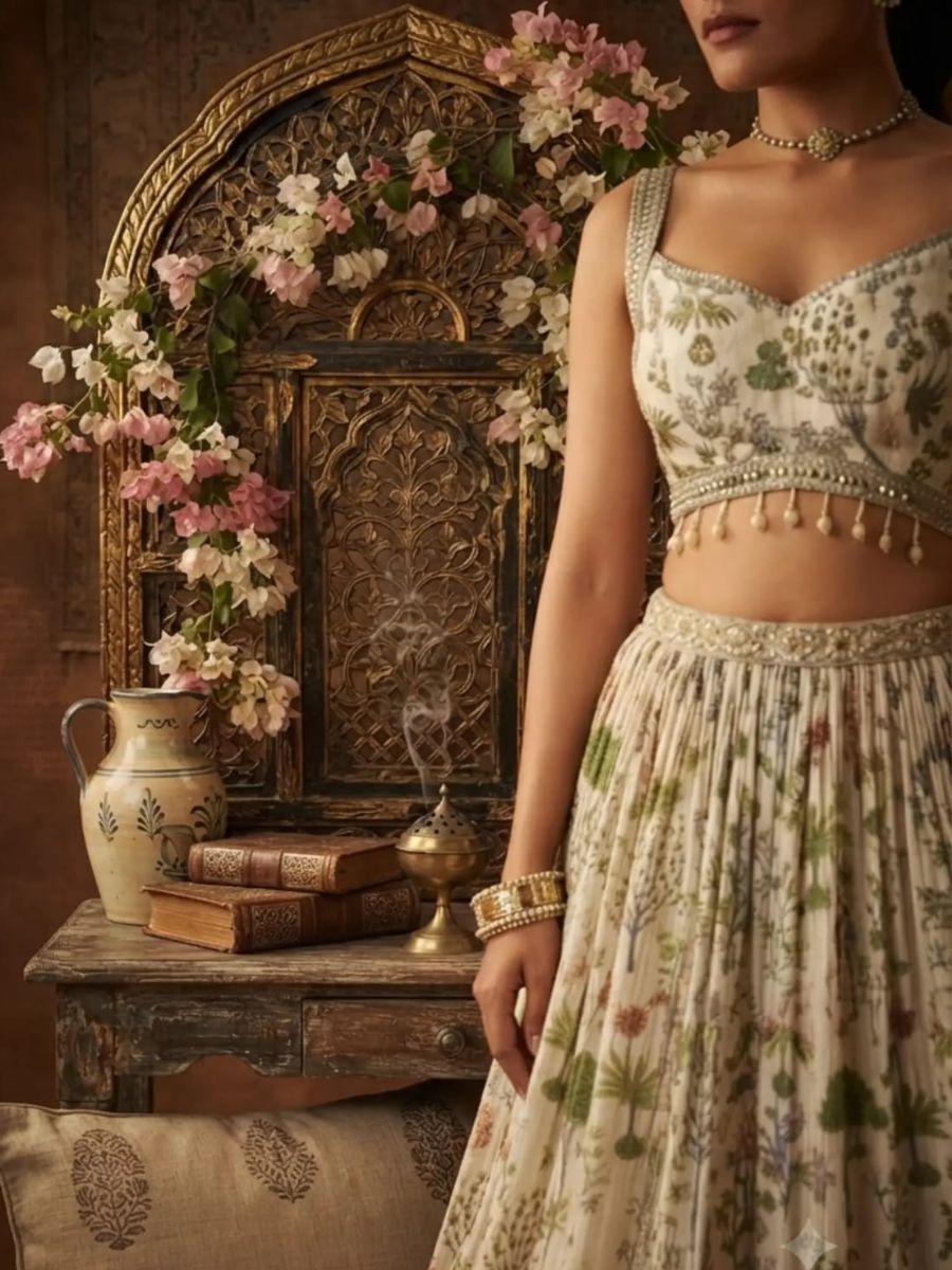 Ivory Botanical Print Lehenga
