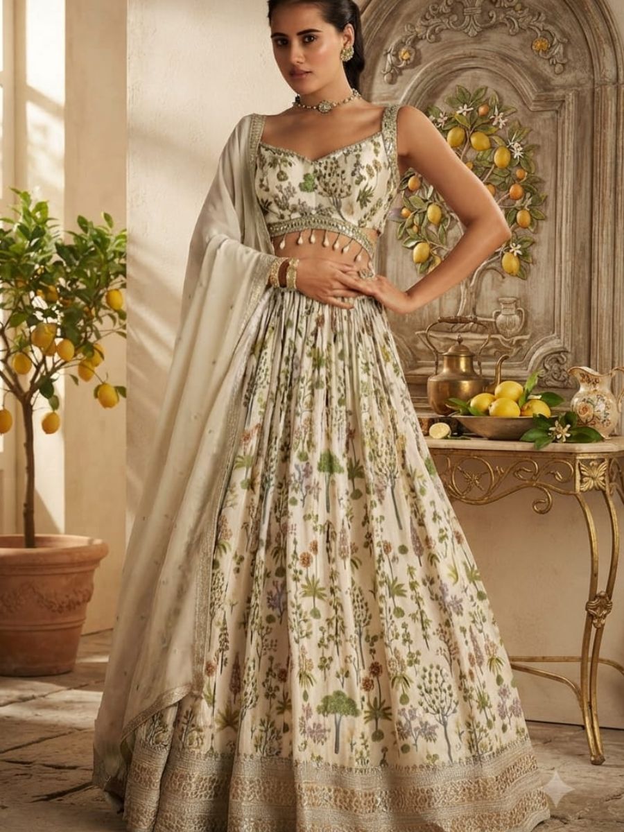 Ivory Botanical Print Lehenga