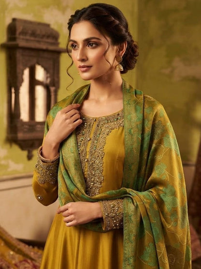 Embroidered Anarkali Suit with Contrast Printed Dupatta