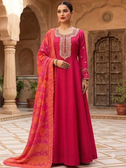 Embroidered Anarkali Suit with Contrast Printed Dupatta