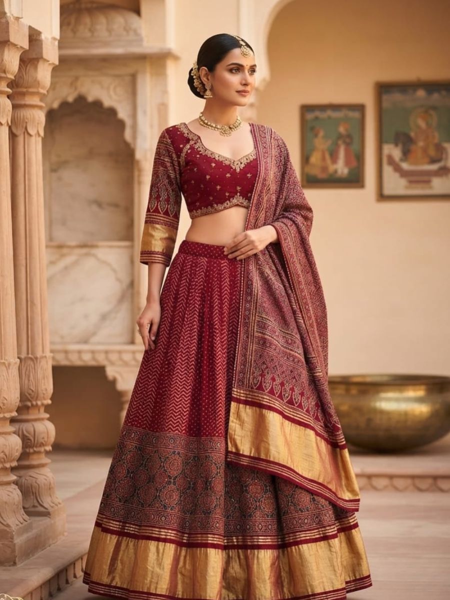 Maroon Bandhani Print Lehenga Set with Gold Border
