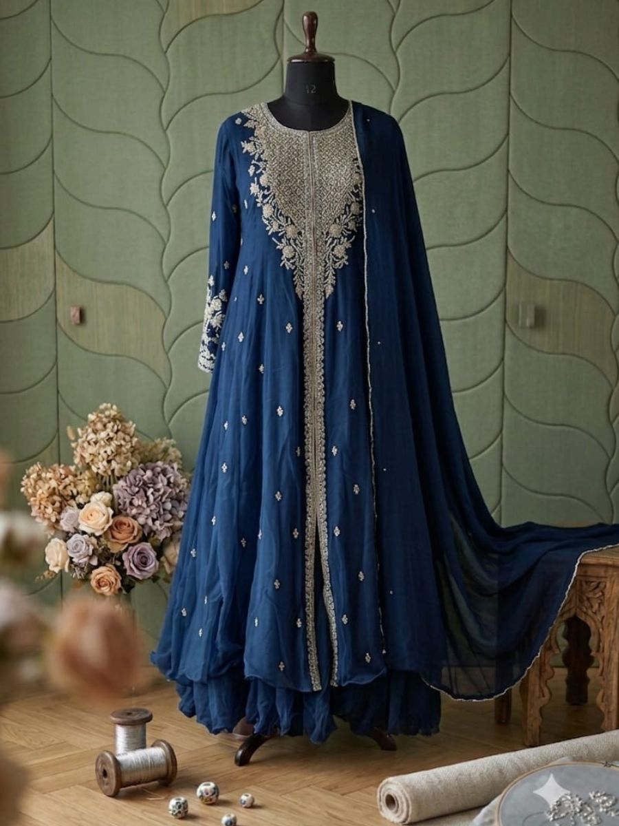 Hand-Embroidered Georgette Anarkali with Attached Cape & Sharara