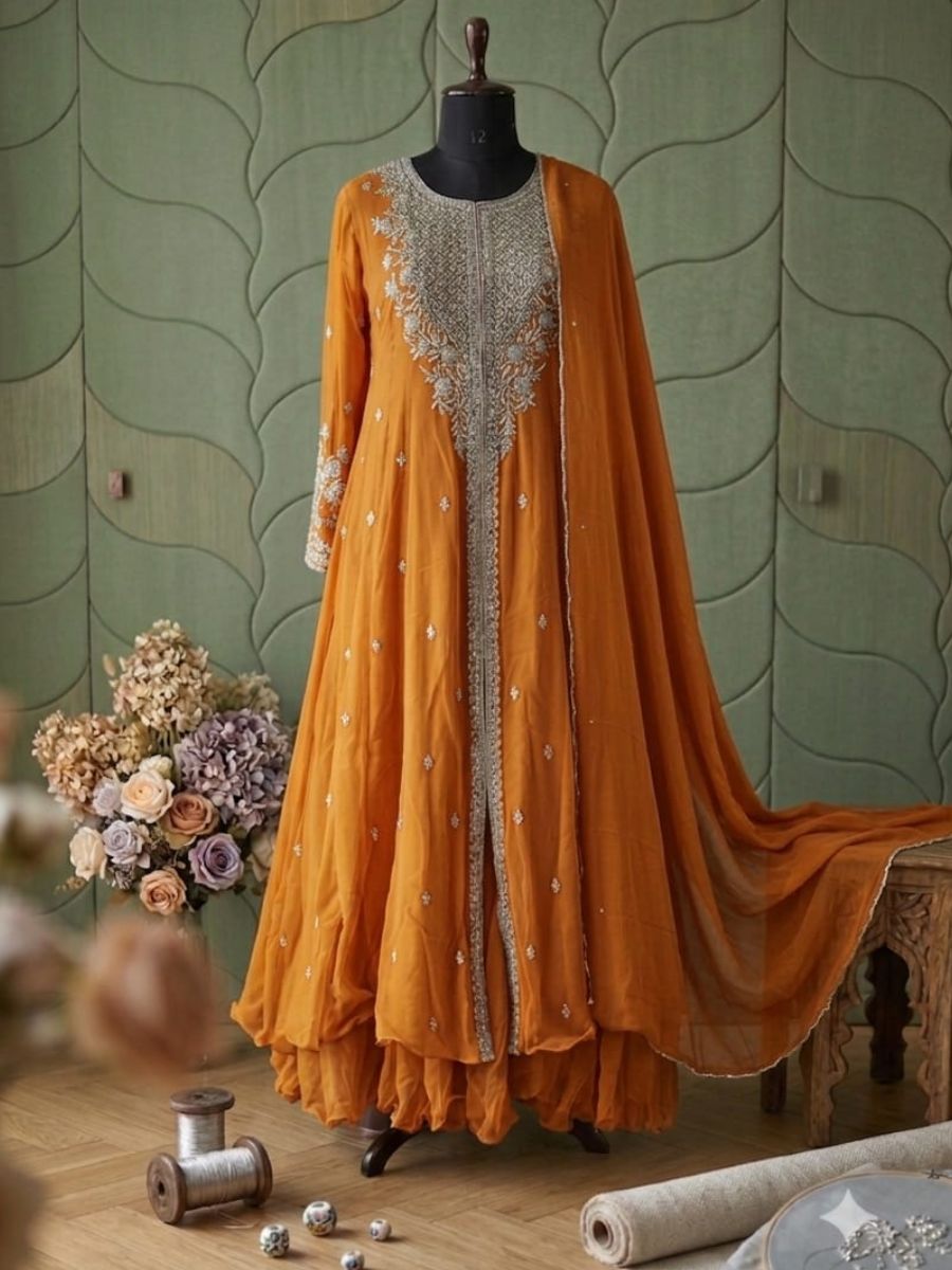 Hand-Embroidered Georgette Anarkali with Attached Cape & Sharara