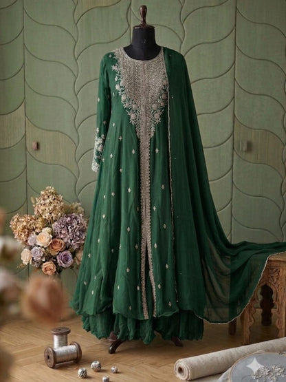 Hand-Embroidered Georgette Anarkali with Attached Cape & Sharara