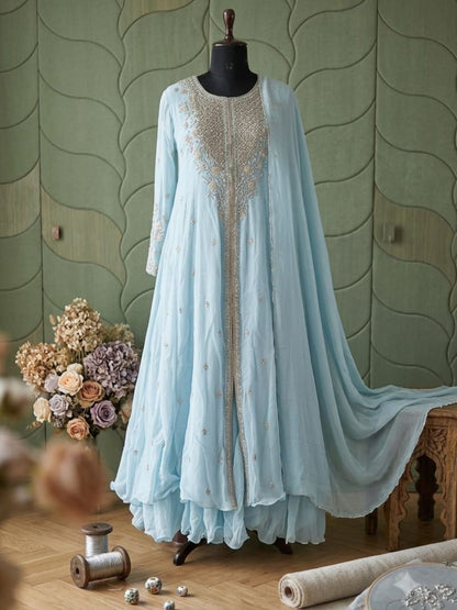 Hand-Embroidered Georgette Anarkali with Attached Cape & Sharara