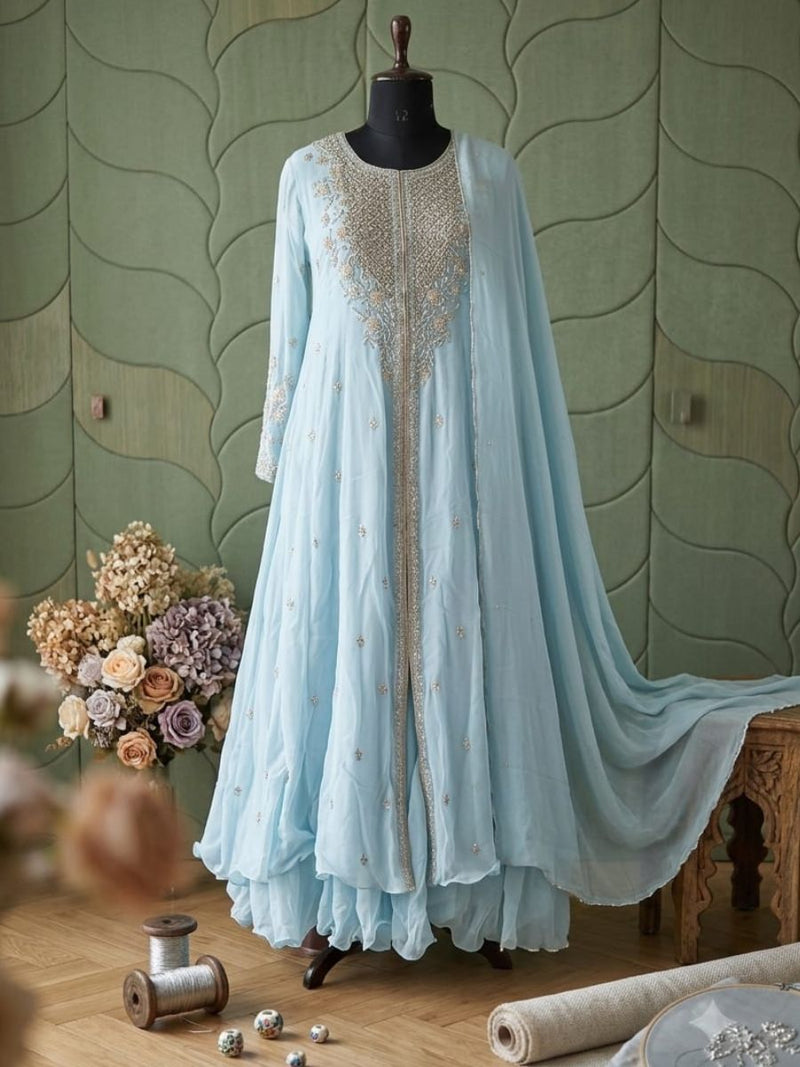 Hand-Embroidered Georgette Anarkali with Attached Cape & Sharara