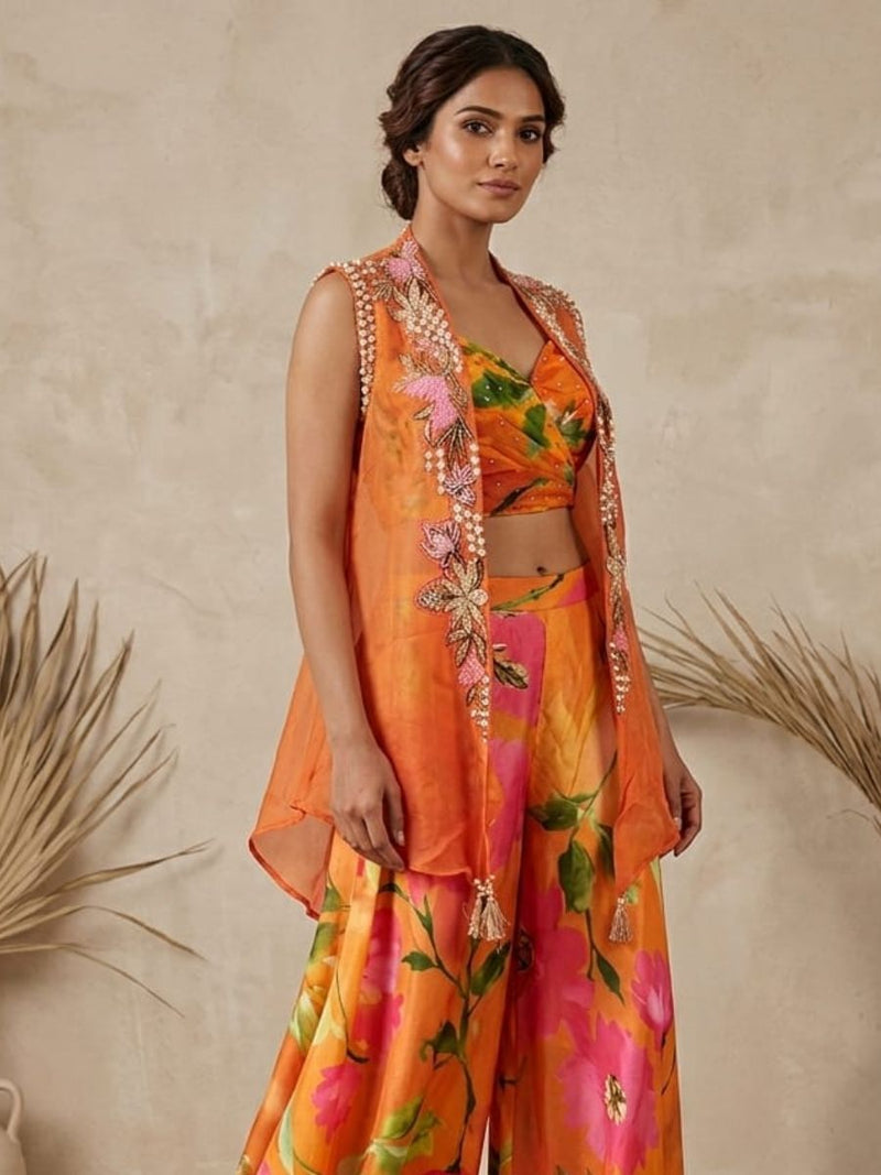 Orange Floral Print Cape Jacket Co-ord Set